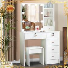 Large Vanity Desk With LED Lighted Mirror & Power Outlet, Makeup Vanity Table With 5 Drawers,Storage, Brightness & Lighting Color Adjustable, Come With Stool, For Bedroom, Bathroom - 10LED - View 4