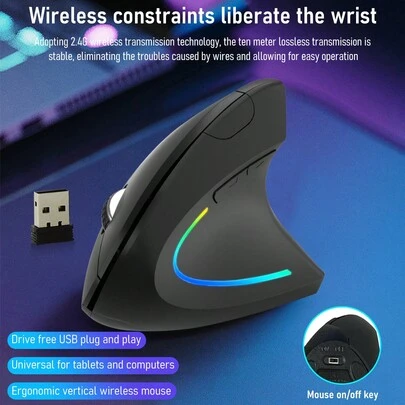 Mouse sem fio 2.4G para destros, com design ergonômico e pegada vertical lateral, silencioso, receptor USB e retroiluminado para jogos e escritório.
