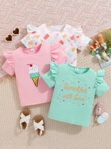 女童三件套短袖冰淇淋印花套装，夏季 - 彩色 - 查看 1