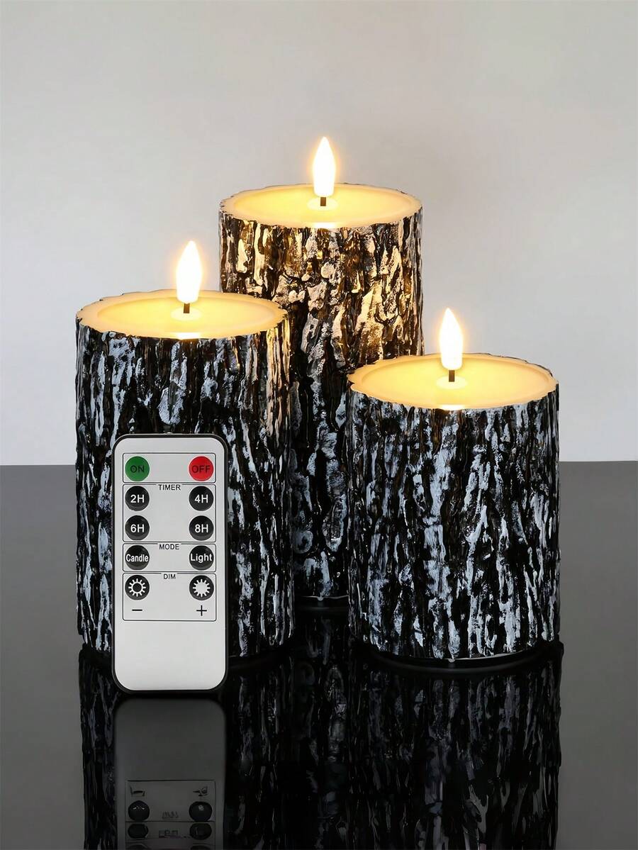 Nến LED không lửa, Nến điện tử vỏ cây thông 3D chân thực, Nến LED trụ chạy bằng pin, 3 chiếc (D 3"*H 4"5"6") - ánh sáng trắng ấm áp - Xem 1