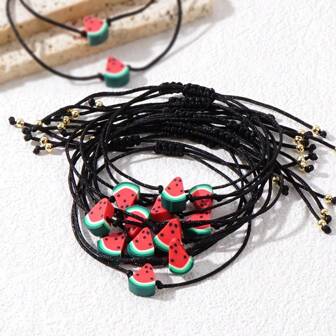 2/4/6/10Pcs Heishi Set Bracelet Summer Beach Watermelon Clay Adjustable Rope Jewelry Women Sets Bracelets As Gifts