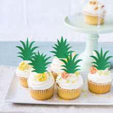 18 piezas Toppers de pastel de piña para cupcakes en forma de piña con hojas verdes brillantes y glitter, selecciones de cupcakes con diseño de donut de piña, decoraciones de pastel para la fiesta de cumpleaños temática de piña tropical Aloha - Multicolor - Ver 4