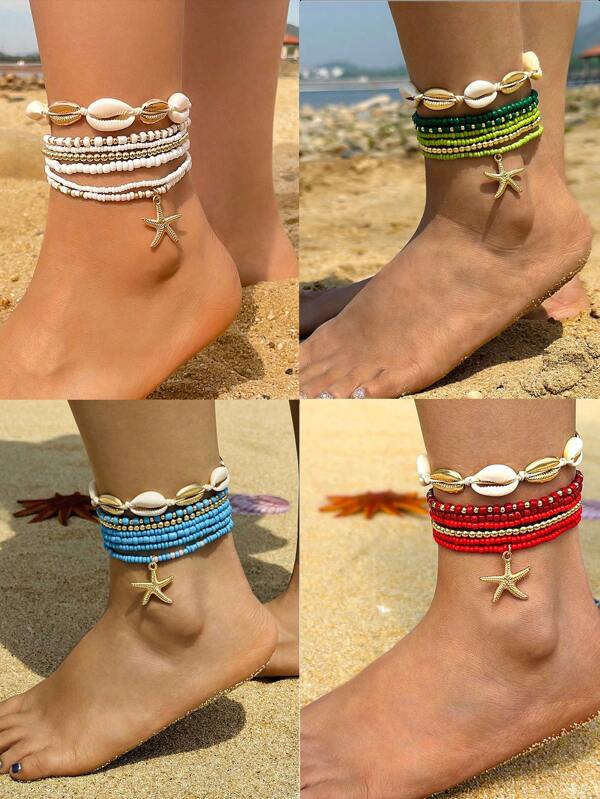 7pcs/set Simple Alloy Beaded Starfish Braided Shell Rope Anklets For Women, Best Gift For Dating