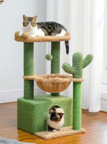 PAWZ Road Cactus Cat Tree, 33 Inch Cat Tower For Indoor Cats With Large Cat House, Scratching Post For Cats With Deep Hammock & Cozy Upper Lying Area, Green - Green - View 2