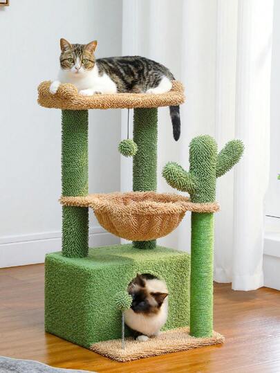 PAWZ Road Cactus Cat Tree, 33 Inch Cat Tower For Indoor Cats With Large Cat House, Scratching Post For Cats With Deep Hammock & Cozy Upper Lying Area, Green