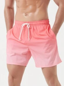 Gradient Color Drawstring Beach Shorts For Men, Quick-Drying And Swim-Friendly Athletic Shorts, Men's Square Leg Swimsuit For Spa Bathing - Pink - View 1