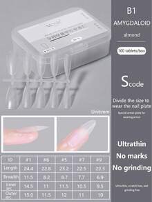 100入/盒透明中短杏仁三種尺寸假指甲，法式全覆蓋壓克力軟膠贈1入美甲文件，美甲沙龍DIY家用貼片美甲用品 - 無色 - 查看 10