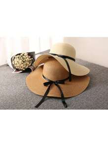 1 Mũ chống nắng rộng vành thời trang dành cho nữ có dây đeo màu đen, Mũ đi biển có ống hút - Màu Khaki - Xem 2