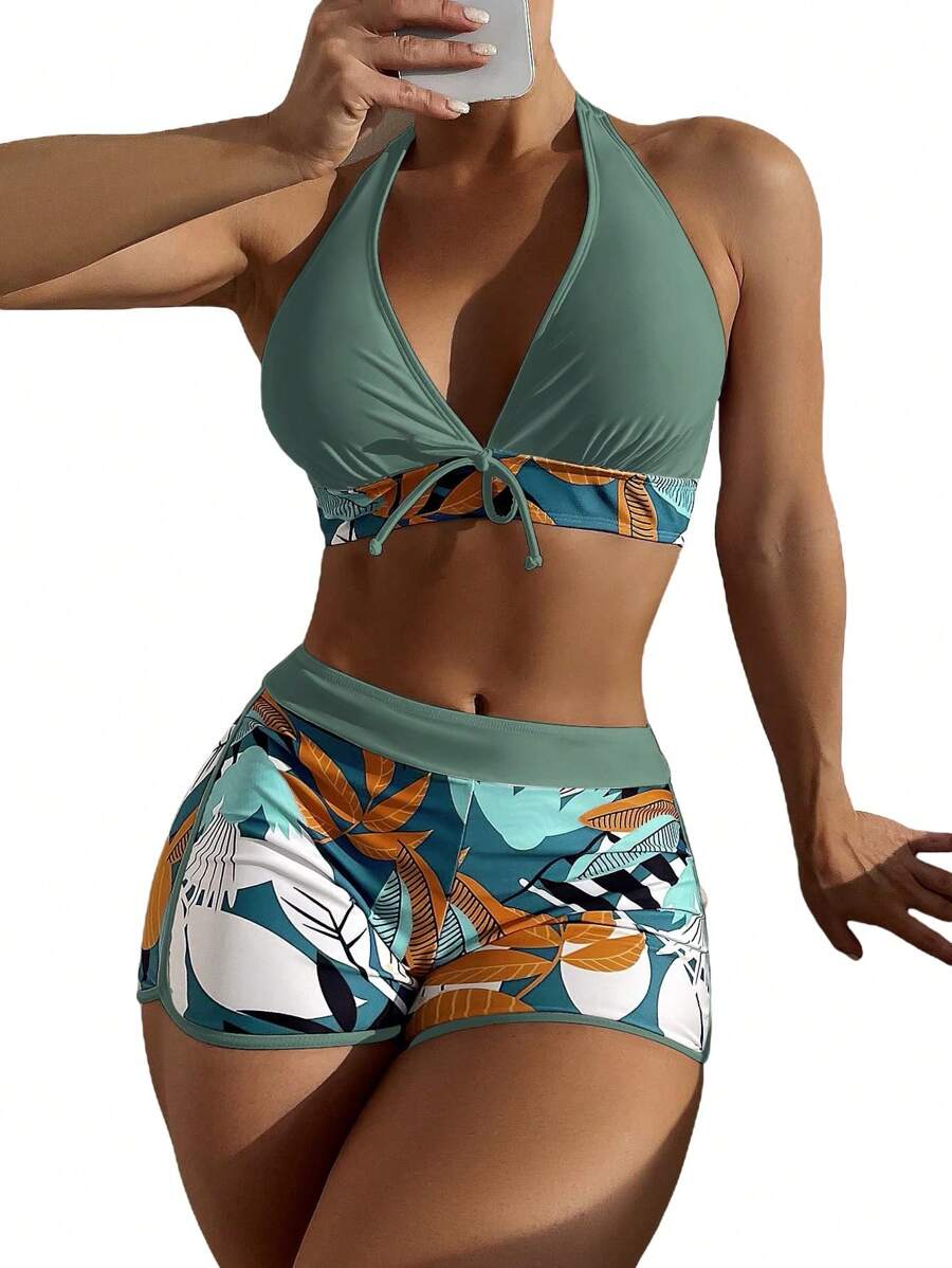 Conjunto de Baño de Dos Piezas para Mujer con Protección Solar, Manga Larga, Cremallera Frontal, con Pantalones Cortos. Bañador Separado para Mujer, Bañador de Dos Piezas de Manga Larga, Top de Playa, Pantalones Cortos con Cintura Elástica. Bañador de Dos Piezas para Mujer, Top de Baño de Manga Larga con Cremallera, Pantalones Cortos. Diseño Floral de Manga Larga, Adecuado para la Playa en Verano y Otros Escenarios. "