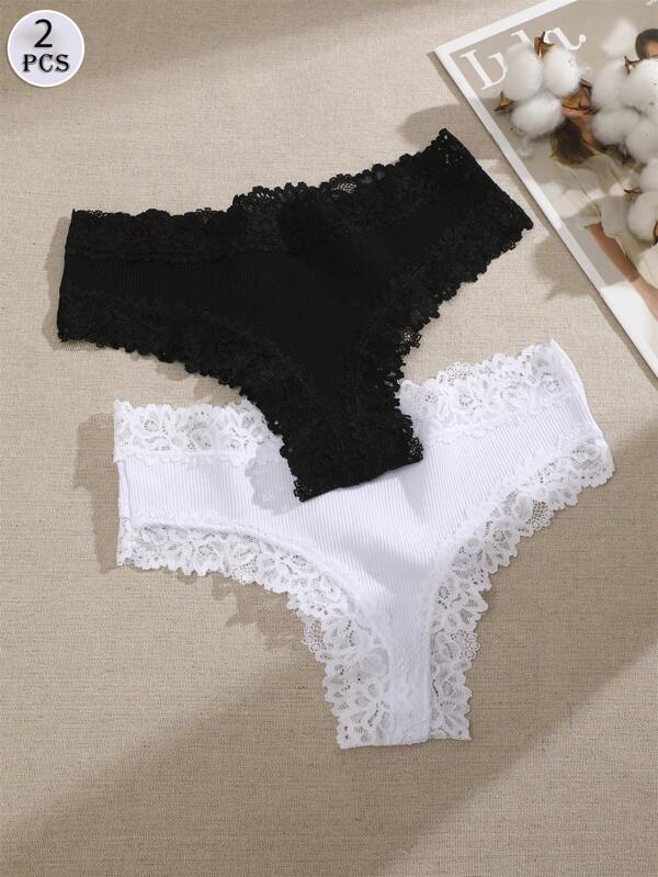 2 piezas Ropa interior de encaje para mujer, negro y blanco