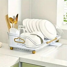1 件碗碟架，台面节省空间的碗碟干燥架，带沥水嘴，大容量单层碗碟收纳整理器，适用于厨房台面、厨房整理器和收纳、厨房配件、收纳、厨房整理器、厨房用品、房间装饰、家居装饰。