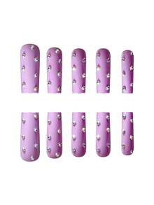 24pcs/Pack Long Charm Purple Punk Rhinestone Water Pipe False Nails + 1pc Jelly Glue + 1pc Nail Filer Press On Nails Nail Supplies - Multicolor - View 5