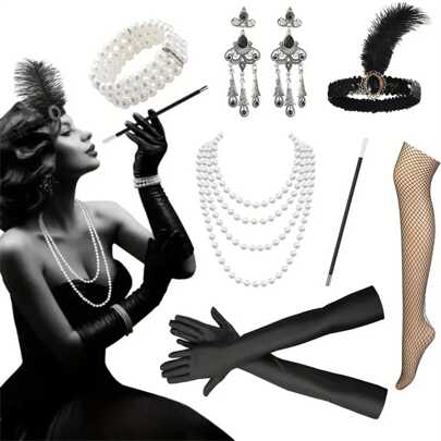 Set de accesorii vintage în stilul anilor 1920, accesorii tematice Great Gatsby, Halloween, carnaval, petrecere, cosplay, accesorii pentru dress up