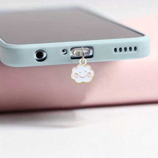 Mobile Phone Dust Plug White Cloud Shaped Alloy Pendant Decor Accessory, Charging Port Cover