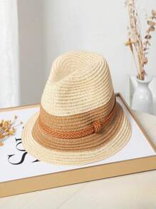 1pc Fashionable And Elegant Color Block Braided Straw Hat, Women's Sun Hat With Wide Brim For Beach Or Fishing, Unisex Retro Style Classic Vacation Travel Cap, Ideal For Daily Wear, Dating, Desert Photo Shoots, Parties, Gifts - Multicolor - View 5