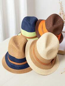 1pc Fashionable And Elegant Color Block Braided Straw Hat, Women's Sun Hat With Wide Brim For Beach Or Fishing, Unisex Retro Style Classic Vacation Travel Cap, Ideal For Daily Wear, Dating, Desert Photo Shoots, Parties, Gifts - Multicolor - View 3