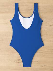 2023欧美风情特殊面料糖果色波浪条纹连体泳衣女夏季沙滩度假泳装 - 寶藍色 - 查看 4