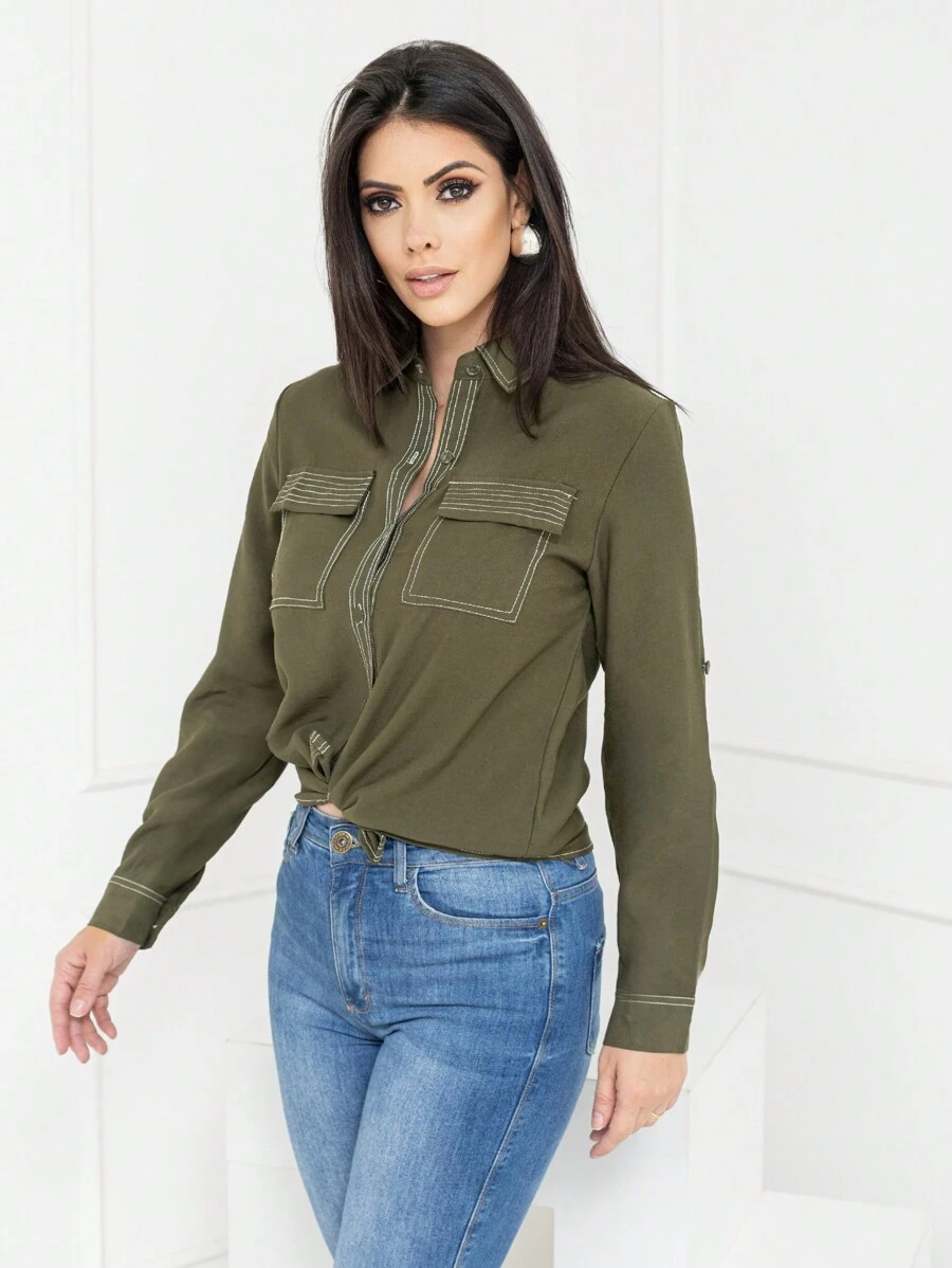 Women Blouses - 軍綠色 - 查看 1