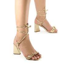 Sandália Feminina Dourada Salto Bloco Confortável Brilho