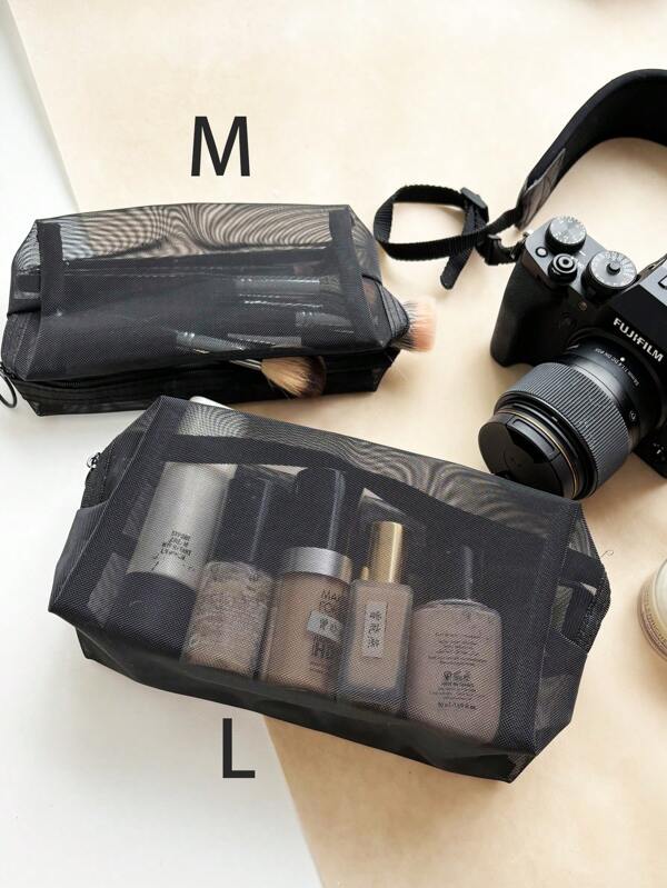 1pc Portable & Simple Travel Makeup Brush Storage Bag With Nylon Mesh, Large Capacity Cosmetic Bag, Ideal For Lipstick, Cushion Puff & Brush, Classic Design, Black Transparent, Good Choice As A Gift