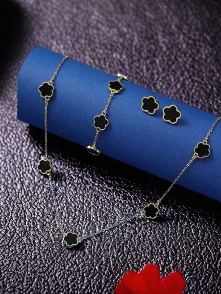 1set Fashionable High-End Five-Petal Flower Design Necklace, Earrings, Bracelet 4pcs Set Valentines - Three Piece Black - View 1