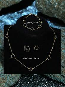 1set Fashionable High-End Five-Petal Flower Design Necklace, Earrings, Bracelet 4pcs Set Valentines - Three Piece Black - View 3