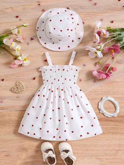 0-3 Years 2pcs Baby Girls' Summer Heart Print Sleeveless Dress With Bowknot Headband Princess Dress