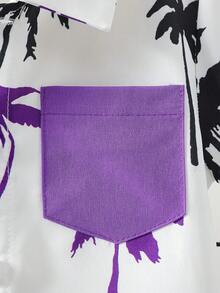 Conjunto infantil masculino com camisa de gola alta, bolso e estampa de coqueiro, combinada com shorts lisos. Conjunto casual de 2 peças estilo praia para meninos, ideal para o dia a dia na primavera/verão, viagens e brincadeiras ao ar livre. - Roxa - Ver 7