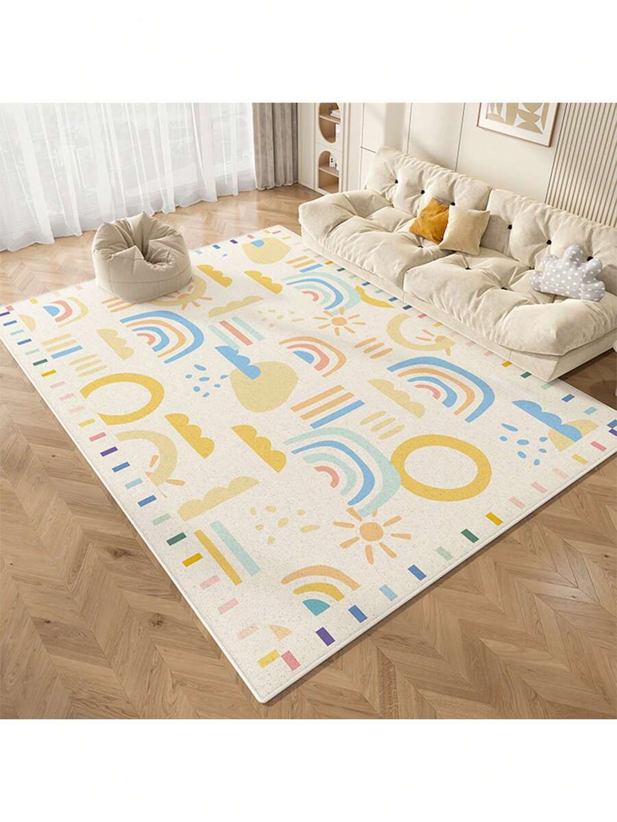 1入組160*120cm彩虹地毯，適用於兒童房，臥室床邊地毯，嬰兒遊戲和閱讀區爬行墊，客廳地毯，兒童玩耍墊 - 米色 - 查看 1