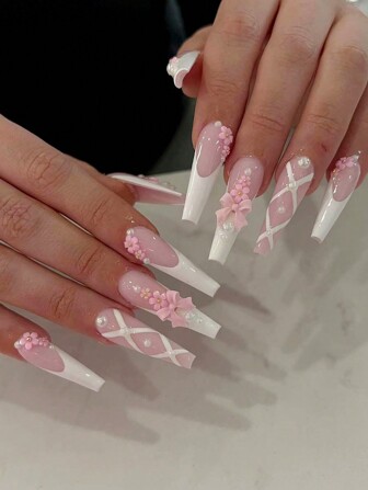 24pcs Long Square False Nails, White French Manicure With Pink Bows, Flowers, Pearls Nail Art + Jelly Gel + Nail File Press On Nails Nail Supplies