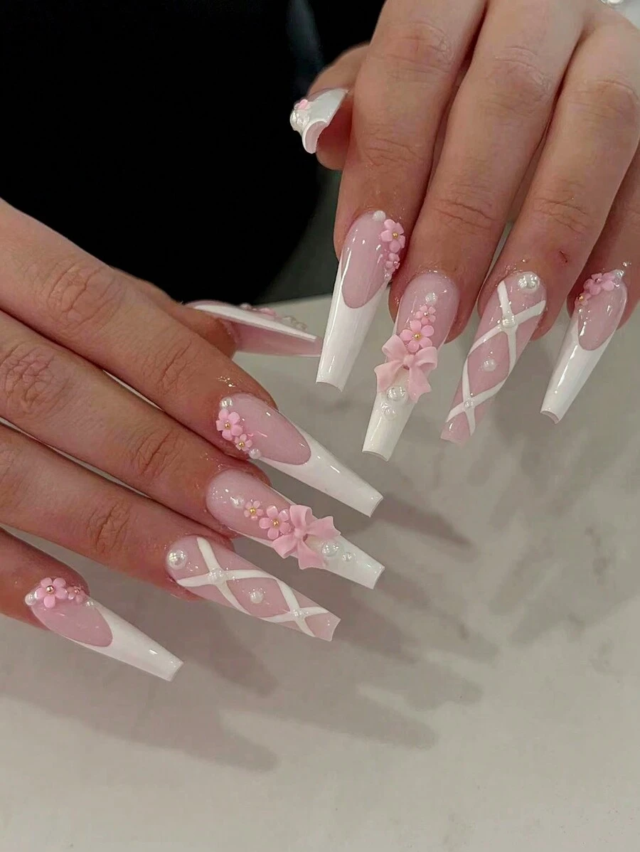 24pcs Long Square False Nails, White French Manicure With Pink Bows, Flowers, Pearls Nail Art + Jelly Gel + Nail File Press On Nails Nail Supplies - Pink - View 1
