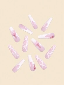 24pcs Long Square False Nails, White French Manicure With Pink Bows, Flowers, Pearls Nail Art + Jelly Gel + Nail File Press On Nails Nail Supplies - Pink - View 4