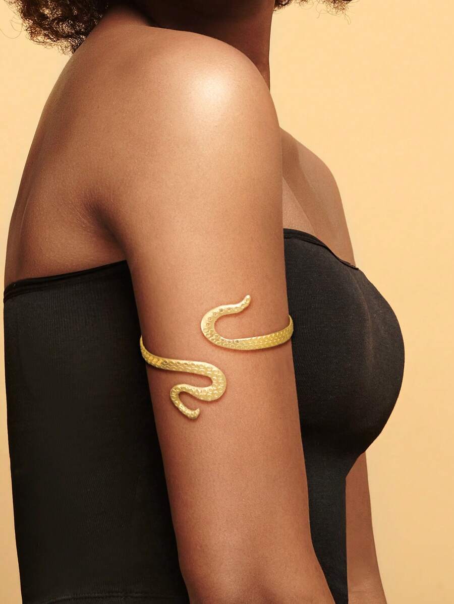 1pc European And American Style Fashionable Personalized Snake-Shaped Armlet Bracelet For Women, Adjustable Metallic Serpentine Twisted Cuff Jewelry - Yellow Gold - View 1