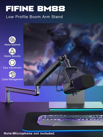  Microphone Arm Boom, Adjustable Low-Profile Arm Microphone Stand With Desk Mount Clamp, Screw Adapter, Cable Management, For Podcast Streaming Gaming Recording Studio-FIFINE BM88