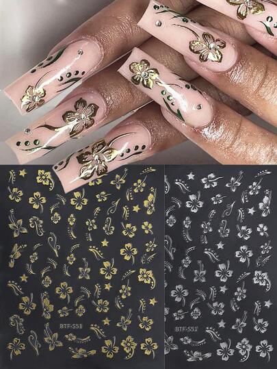 2 fogli di adesivi per unghie 3D a fiori di ibisco dorati e argentati, decorazioni estive, decalcomanie floreali dorate e argentate, foglie tropicali per manicure