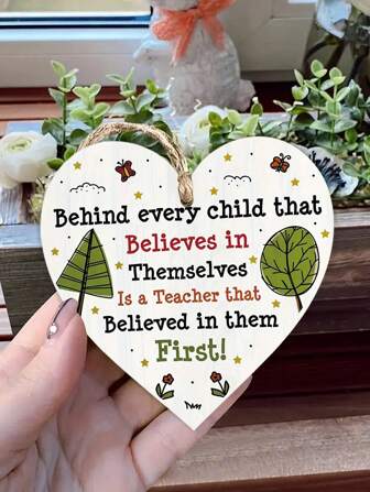 1Pc Wooden Heart Shape Hanging Ornaments Plaque Sign, Teacher's Day Birthday Anniversary Gifts For Home Wall Door Decoration