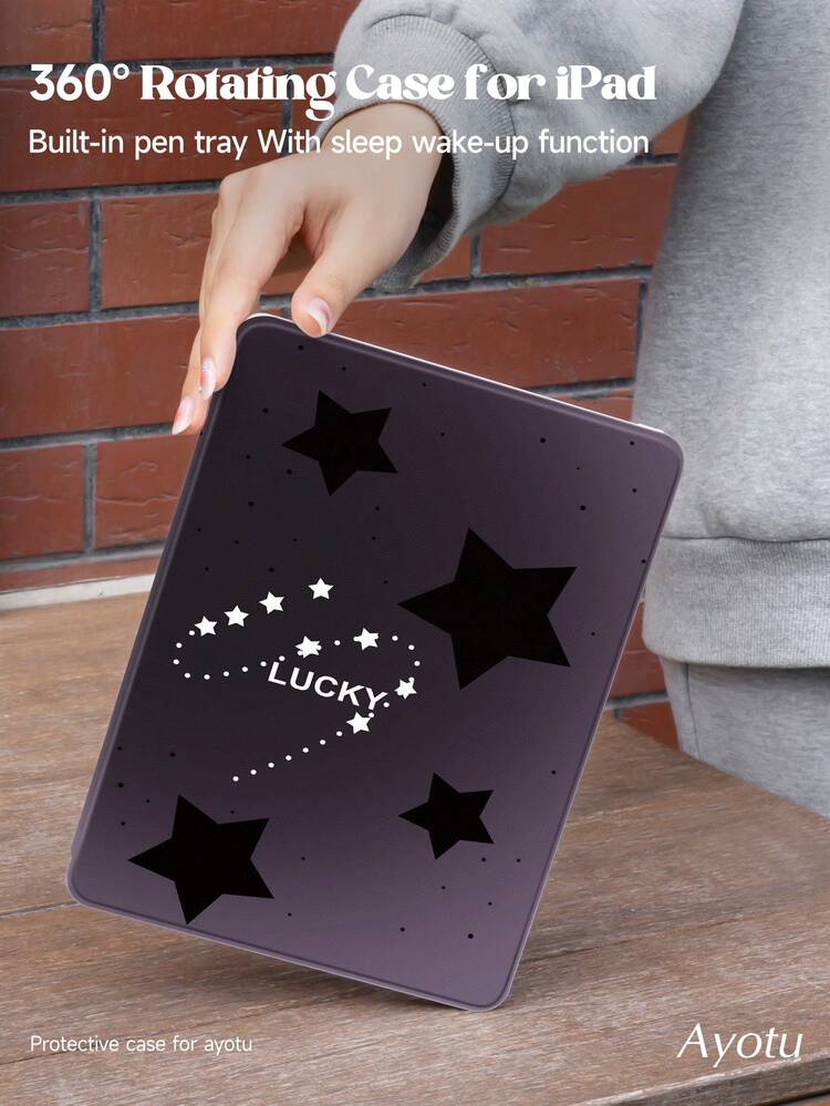 黑色星形图案 iPad 旋转保护壳 兼容 iPad 第 10 代 10.9 英寸 2022-360 度旋转支架保护套带笔架，自动唤醒睡眠 - 紫色360°旋轉 - 查看 5