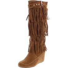 Women's Moccasin Fringe Fashion Boots - Tan Suede - 查看 1