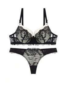 拼色俯臥撑性感文胸套裝帶鏤空蕾絲丁字褲內衣套裝 - 杏色 - 查看 7