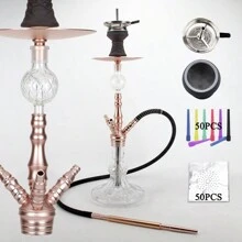 1入組帶有矽膠軟管，煙碗和鉗子的水煙套件，26.7英寸大型攜帶式水煙，鋁質煙斗，變色玻璃花瓶，配件齊全 - 玫瑰金 - 查看 8