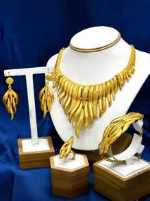 5pcs Dubai India Luxury Gold-Color Exaggerated Jewelry Set, Including Necklace, Earrings, Bracelet & Ring, Suitable For Attending Parties And Festivals - Yellow Gold - View 2