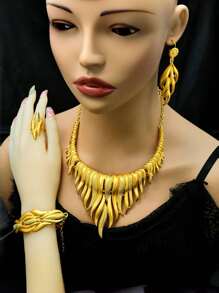 5pcs Dubai India Luxury Gold-Color Exaggerated Jewelry Set, Including Necklace, Earrings, Bracelet & Ring, Suitable For Attending Parties And Festivals - Yellow Gold - View 4