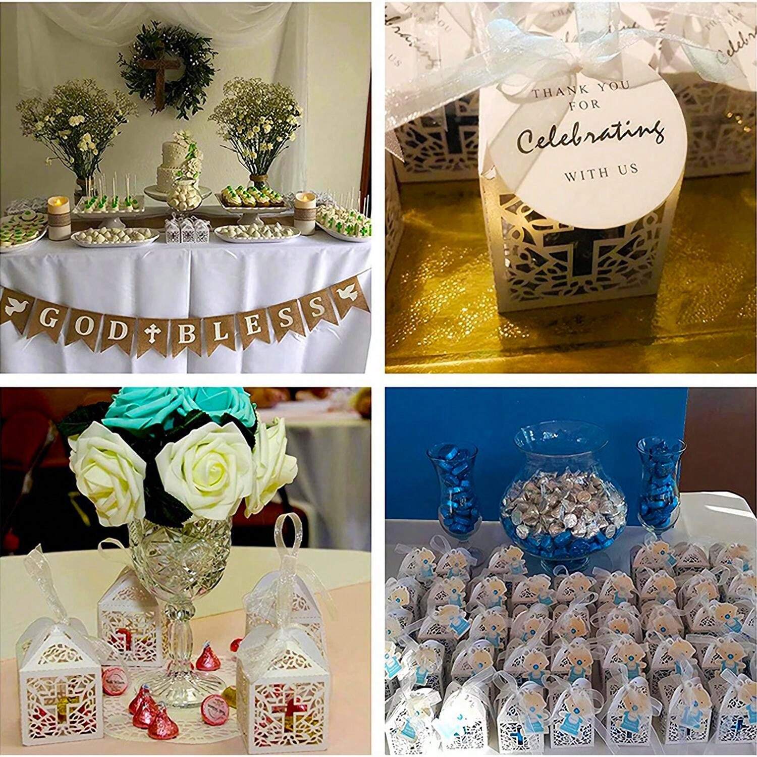 50pcs White Hollow Cross Shaped Laser Cut Gift Boxes With Ribbon, Party