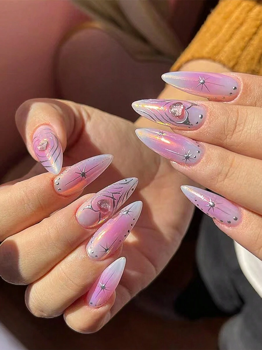 Y2K指甲藝術24入中長度杏仁形簡單低調奢華法式漸變銀色條紋3D心形裝飾可佩戴假指甲與指甲膠套裝，適用於女孩/女士派對、婚禮、假期、約會和日常穿著壓克力指甲供應 - 彩色 - 查看 1