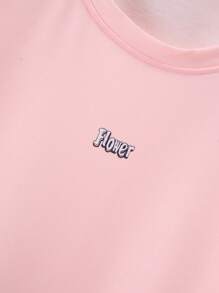 Young Girl Summer Pink T-Shirt & Shorts Set, Printed Tee With Heat-Pressed Flowers + Colorful Digital Printed Flower Outdoor Casual Wear - Pink - View 4