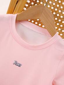 Young Girl Summer Pink T-Shirt & Shorts Set, Printed Tee With Heat-Pressed Flowers + Colorful Digital Printed Flower Outdoor Casual Wear - Pink - View 3