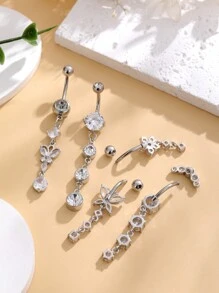 5 Stück Edelstahl gebogene Bauchpiercings mit Schmetterling, Herz- und Blumenförmigen Zirkonia-Anhängern als Piercingschmuck für Frauen, geeignet als Valentinstag-, Mutter-, Muttertags-Geschenk