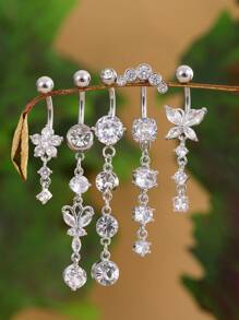 5 Stück Edelstahl gebogene Bauchpiercings mit Schmetterling, Herz- und Blumenförmigen Zirkonia-Anhängern als Piercingschmuck für Frauen, geeignet als Valentinstag-, Mutter-, Muttertags-Geschenk