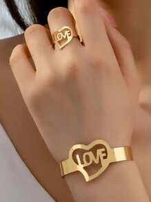 1對時尚金屬手鐲和戒指套裝，印有英文字母，適用於女士 - 假日禮物