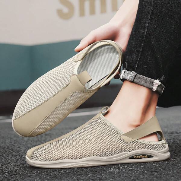 Men's Summer Outdoor Mesh Hollow Breathable Flat Slip-On Casual Sports Shoes For Outdoor, Vacations And Campus